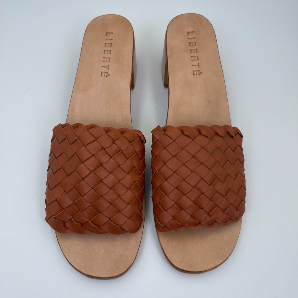 Liberté Santorini Mule Women US 12 Cognac Leather Woven Block Heel Slip On Shoes